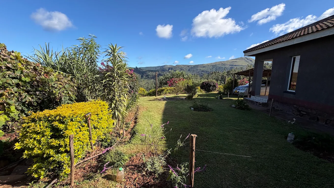 Garden lawns at Eland Sanctuary with views toward the Chimanimani mountain range