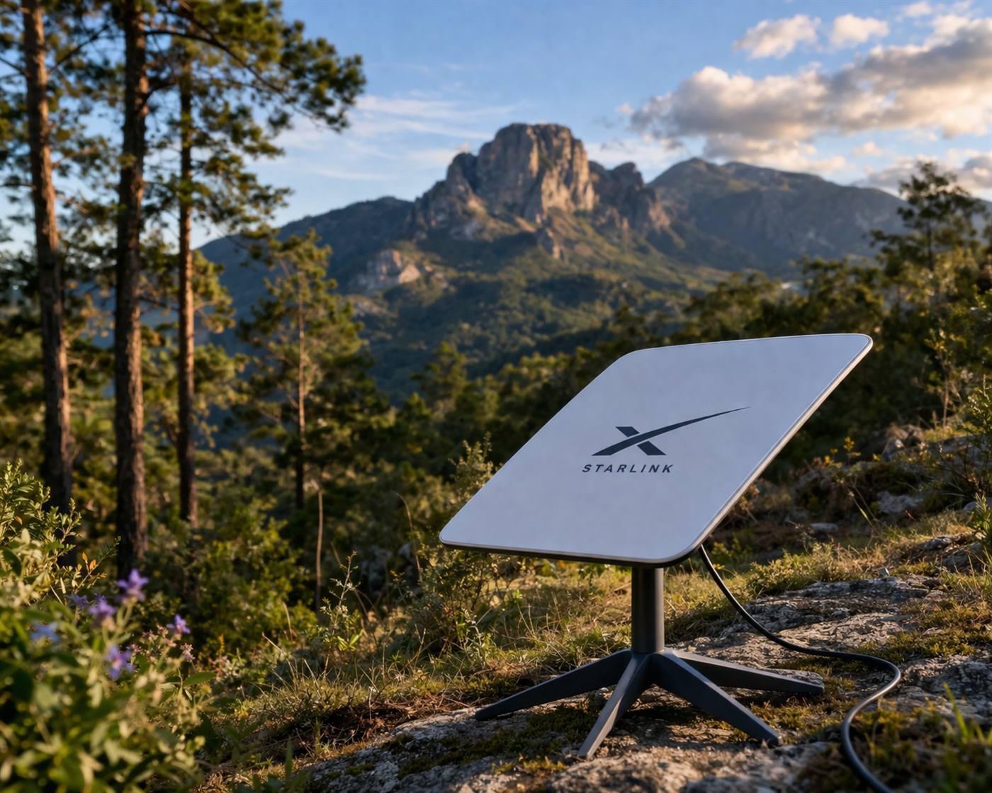 Starlink satellite internet dish with mountain backdrop — free fast Wi-Fi at Eland Sanctuary
